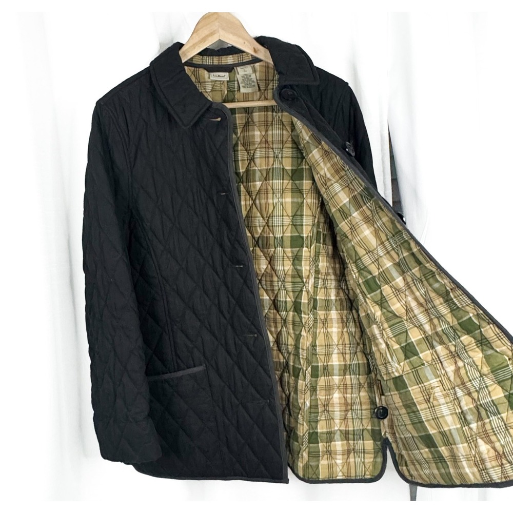L.L.Bean Women's Large Quilted Jacket Black Plaid Lined Thermore Insulated EUC